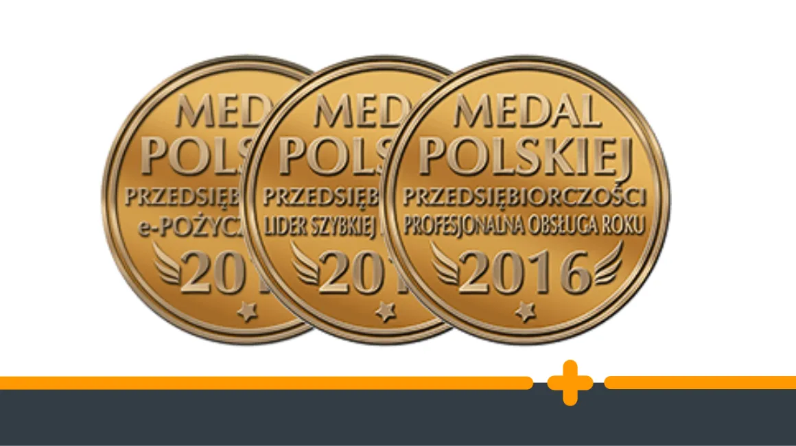 Trzy złote medale z napisem „Medal Polskiej Przedsiębiorczości 2016” przyznane za e-pożyczki, szybką obsługę i profesjonalizm