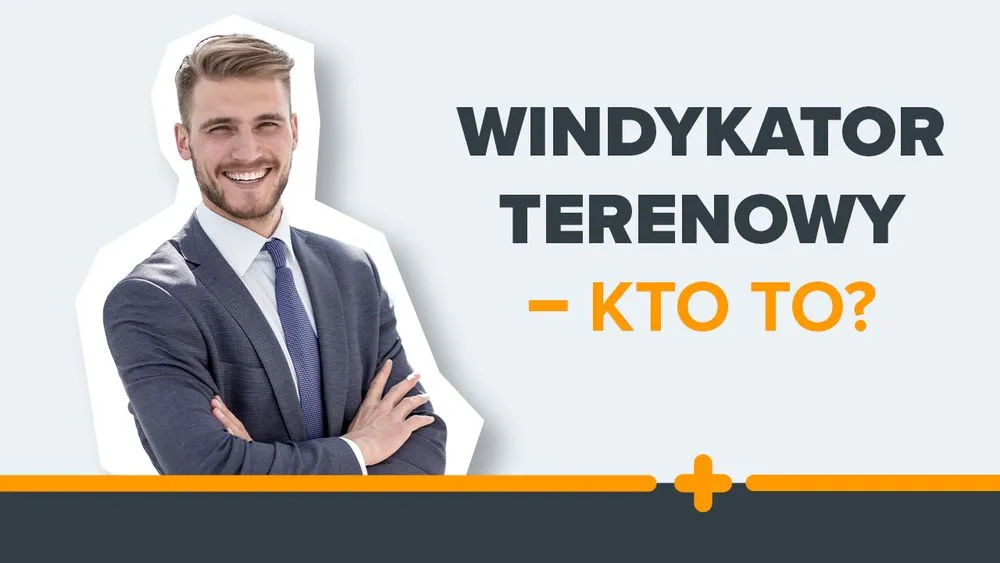 Uśmiechnięty mężczyzna w garniturze z napisem "Windykator terenowy – kto to?"